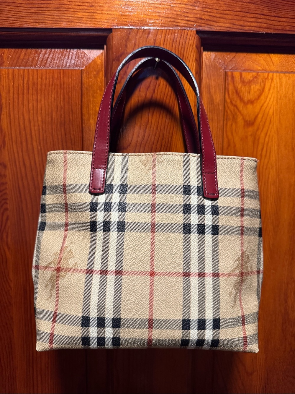 Burberry Beige Check Mini Tote with Burgundy Handles